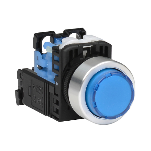 Pushbutton, 22mm, Momentary, LED Illuminated, 1 N.O. Contact, Plastic Base, Metal Bezel