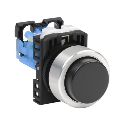 Pushbutton, 22mm, Momentary, 1 N.O. Contact, Plastic Base, Metal Bezel, Black, Extended