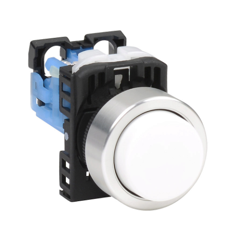 Pushbutton, 22mm, Momentary, 1 N.O. Contact, Plastic Base, Metal Bezel, White, Extended