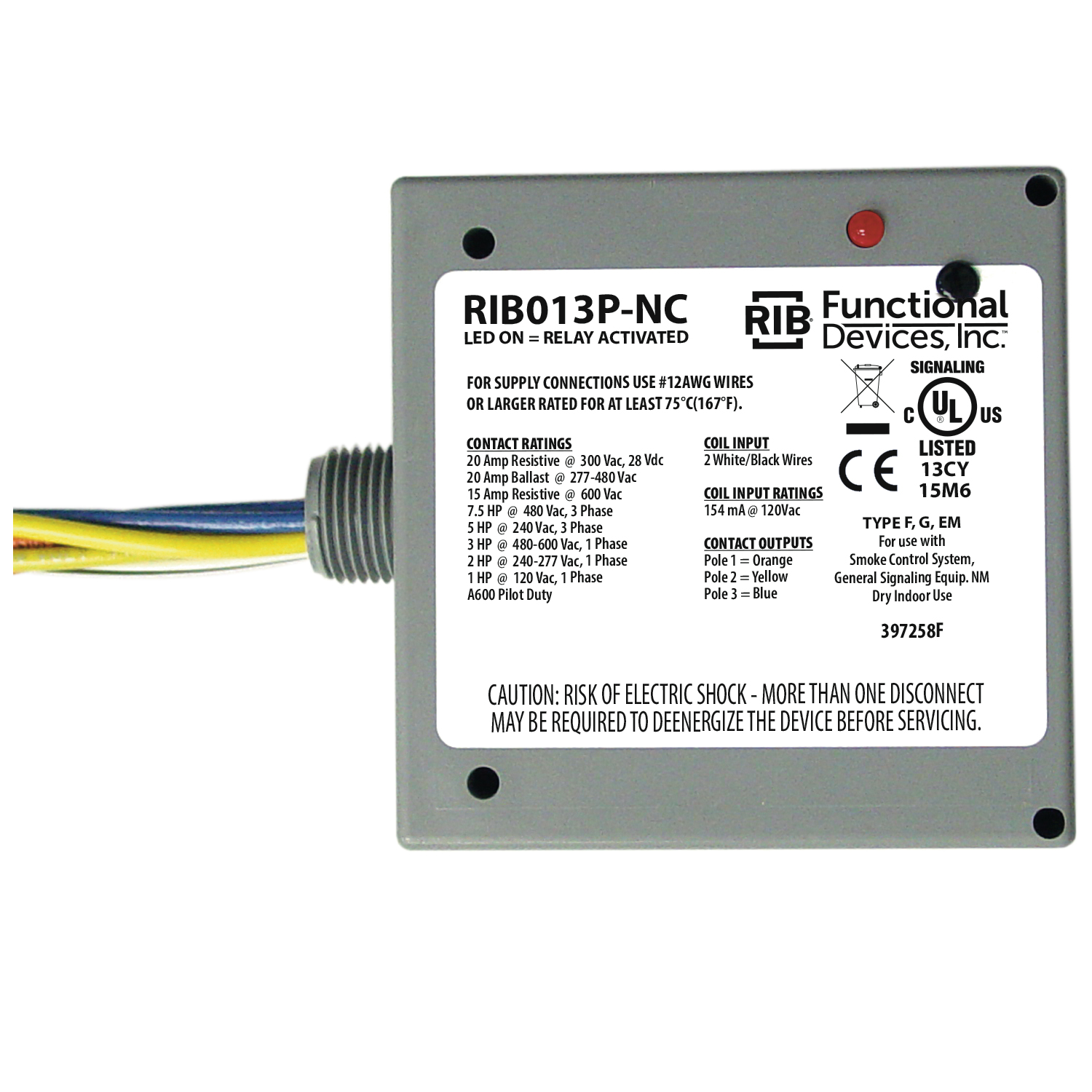 FUNCTIONAL DEVICES INC / RIB RIB013P-NC Enclosed Pre-Wired Relay, With 120 VAC Coil, 3PST, 20 A | CE4UXV