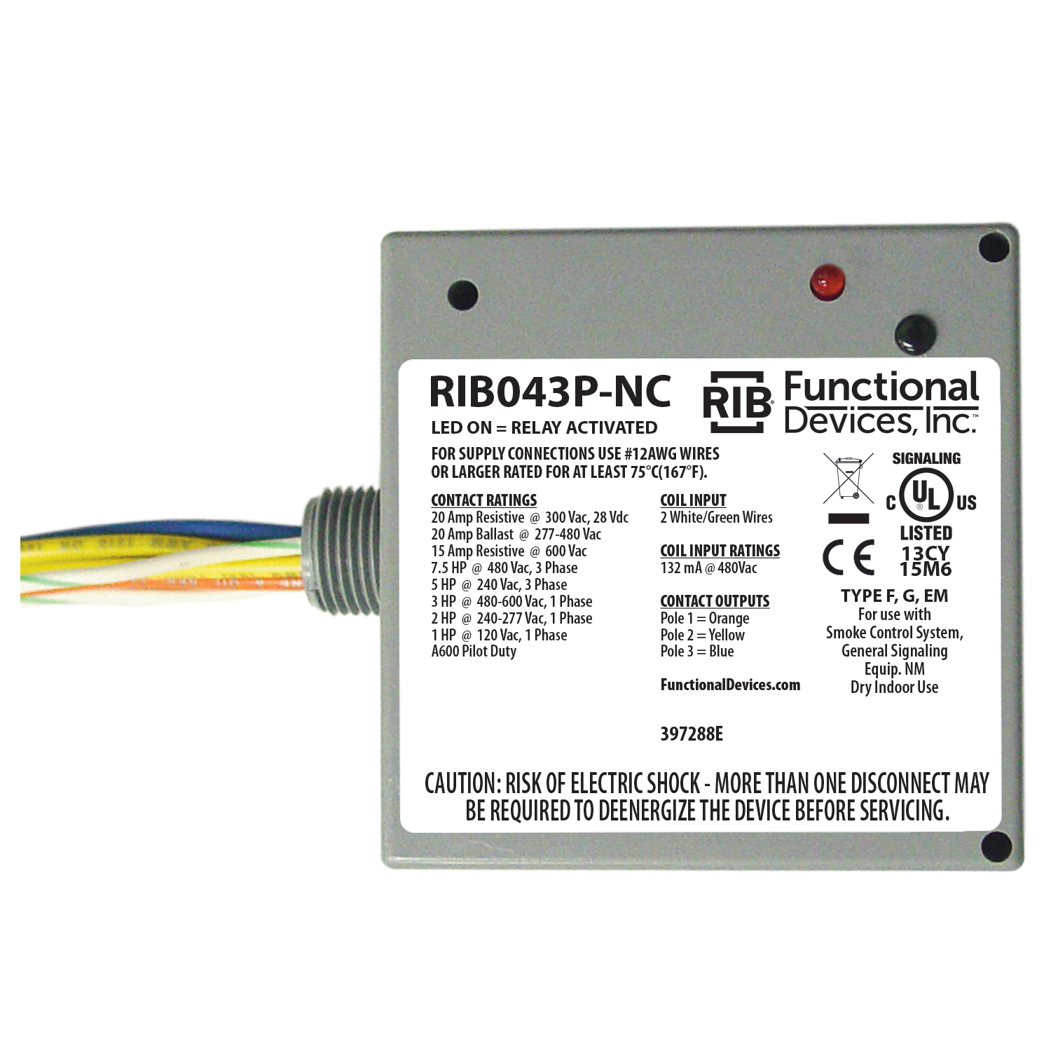 FUNCTIONAL DEVICES INC / RIB RIB043P-NC Enclosed Pre-Wired Relay, With 480 VAC Coil, 3PST-NC, 20 A | CE4UYL