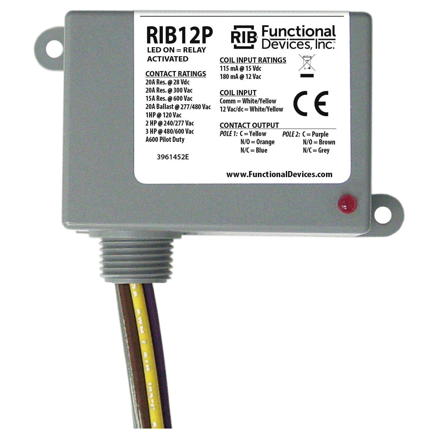FUNCTIONAL DEVICES INC / RIB RIB12P Enclosed Pre-Wired Relay, With 12 VAC Coil, DPDT, 20 A | CE4UYQ
