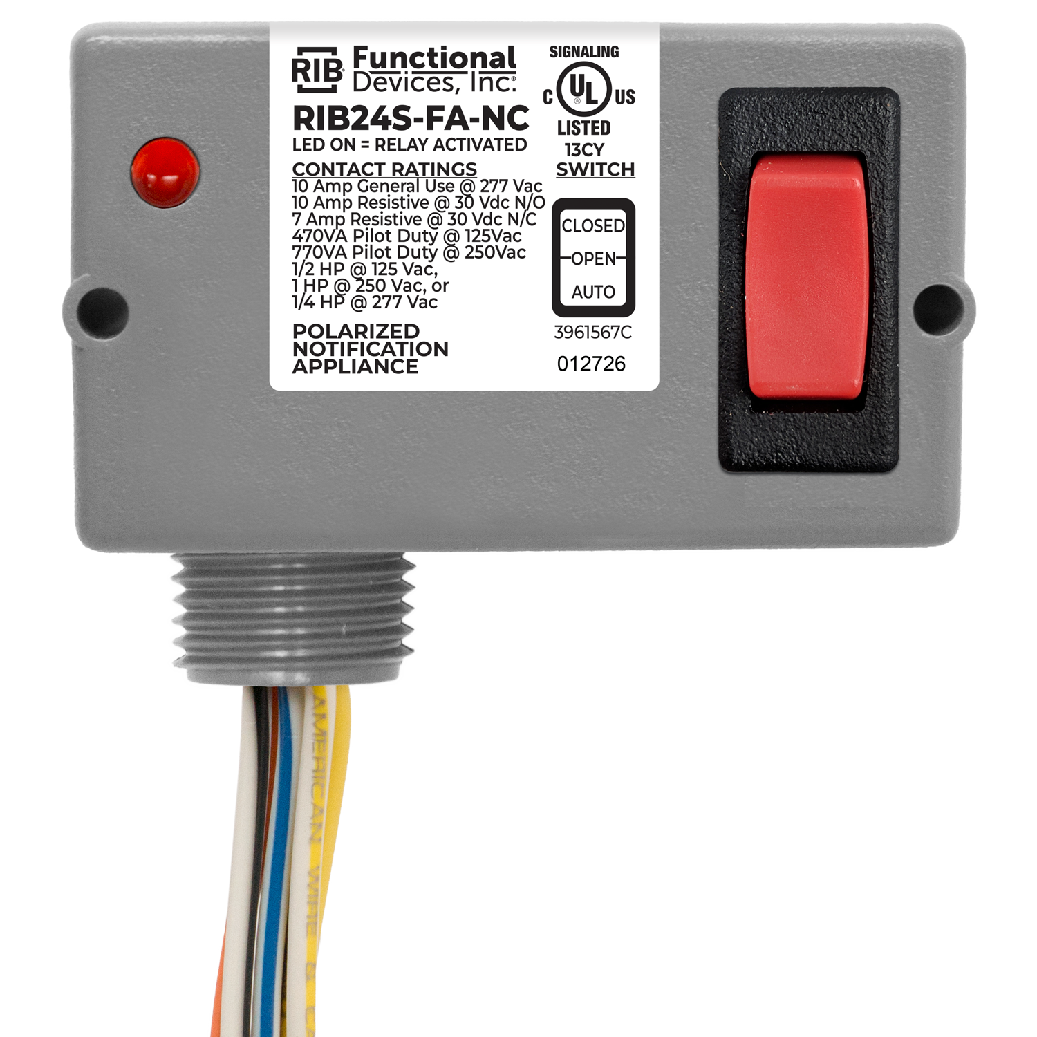 FUNCTIONAL DEVICES INC / RIB RIB24S-FA-NC Enclosed Pre-Wired Relay, With Polarised 24 VAC Coil, Override, SPST-NC, 10 A | CE4UZW