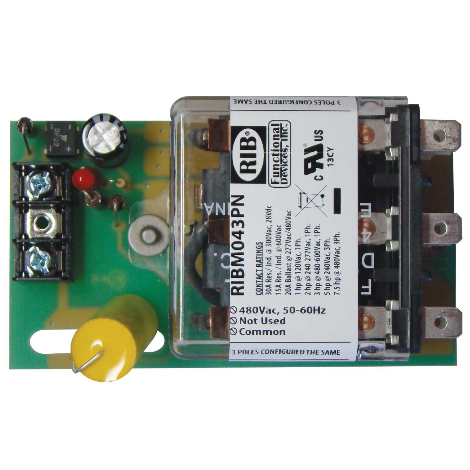 FUNCTIONAL DEVICES INC / RIB RIBM043PN Control Relay, With 480 VAC Coil, 3PDT, 30 A | CE4VBX
