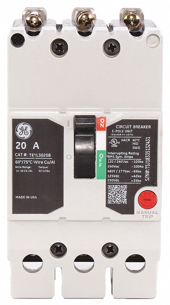 GENERAL ELECTRIC TEYL3020B Circuit Breaker 20a 3p 277/480vac 65ka | AG2VJB 32HZ54