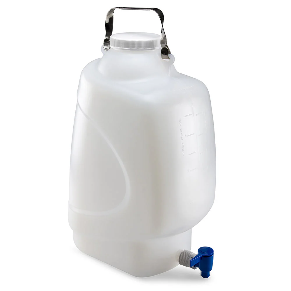 Carboy, Rectangular with Spigot and Handle, HDPE, White PP Screw Cap, 20 L