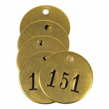 GRAINGER 40029 Numbered Tag, Brass, 151-175, Yellow, 0.04 Inch Thick, Round, 25 PK | CQ3ACB 456Y42