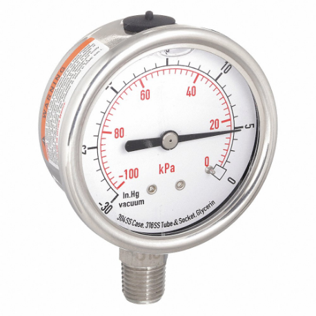 GRAINGER 4CFG9 Commercial Vacuum Gauge, 30 To 0 Inch Hg, 2 1/2 Inch Dial, Bottom | CQ2JCJ