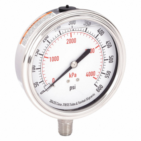 GRAINGER 4CFK5 Commercial Pressure Gauge, 0 To 600 PSI, 3 1/2 Inch Dial, 1/4 Inch Npt Male, Bottom | CQ2JCM