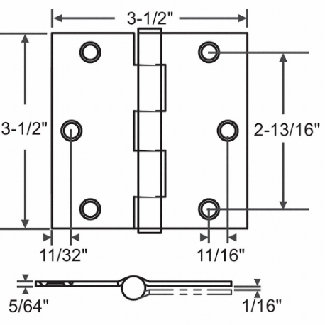 GRAINGER 56-263SBRS Butt Hinge, 3 Holes per Leaf, 3 1/2 Inch Door Leaf Height, 3 1/2 Inch Door Leaf Width | CP9CMD 451K10