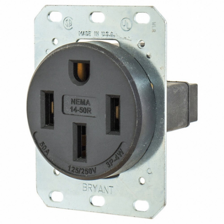 GRAINGER 9450FR Receptacle, Single, 14-50R, 125/250V AC, 50 A, 3 Poles, Black, Screw Terminals | CQ2GBX 49YY93