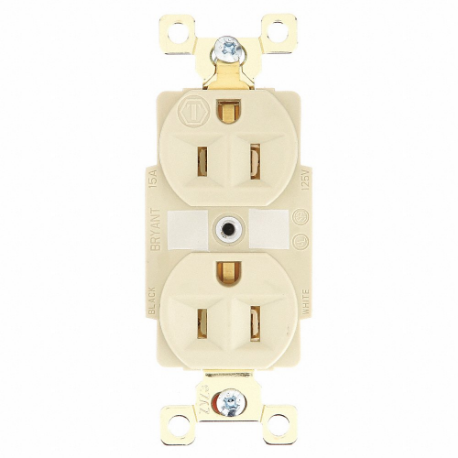 GRAINGER BRY5262I Receptacle, Duplex, 5-15R, 125V AC, 15 A, 2 Poles, Ivory, Screw Terminals, Std Protection | CR3DHZ 49YZ02