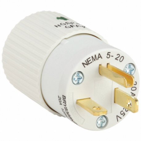 GRAINGER BRY8366NP Straight Blade Plug, 5-20P, 20 A, 125VAC, White, 2 Poles Terminals, Hospital Grade | CQ2EWD 49YY57