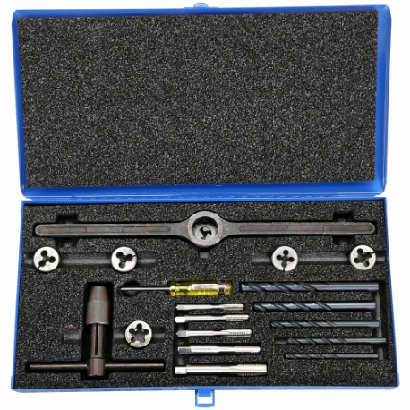 Drill Bit, Tap, And Die Set, 15 Pieces, 5 Drills, 5 Taps, 5 Dies Inch Set, Round