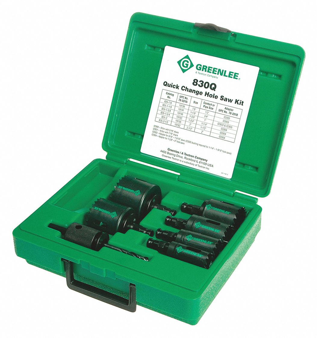 GREENLEE 830Q Hole Saw Kit, 7 Pieces, 7/8 Inch to 6 Inch Saw Size Range, 1 1/2 Inch Max. Cutting Depth | CR3LNQ 34F172