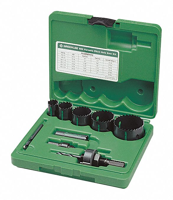GREENLEE 889 Plumbers Hole Saw Set, 3/4 To 2-1/4 Inch Conduit Cutting Size, 9 Pieces | AH4VLV 35MH74