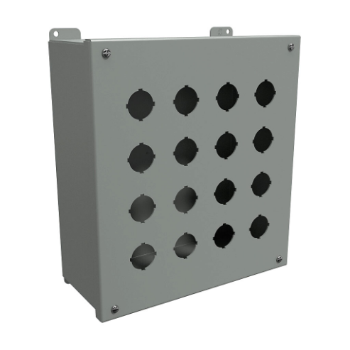 Pushbutton Enclosure, 16 Holes, 30mm, 12 x 11 x 5 Inch Size, Wall Mount, Carbon Steel