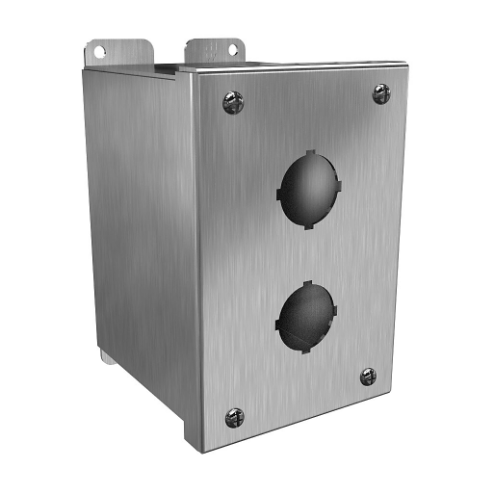 Pushbutton Enclosure, 2 Holes, 30mm, 6 x 4 x 5 Inch Size, Wall Mount, 316 Stainless Steel