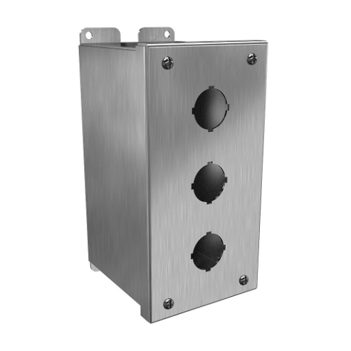 Pushbutton Enclosure, 3 Holes, 30mm, 8 x 4 x 5 Inch Size, Wall Mount, 316 Stainless Steel