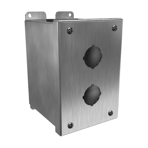 Pushbutton Enclosure, 2 Holes, 30mm, 6 x 4 x 5 Inch Size, Wall Mount, 304 Stainless Steel