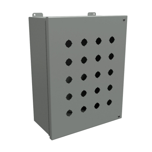 Pushbutton Enclosure, 20 Holes, 22mm, 15 x 12 x 6 Inch Size, Wall Mount, Carbon Steel
