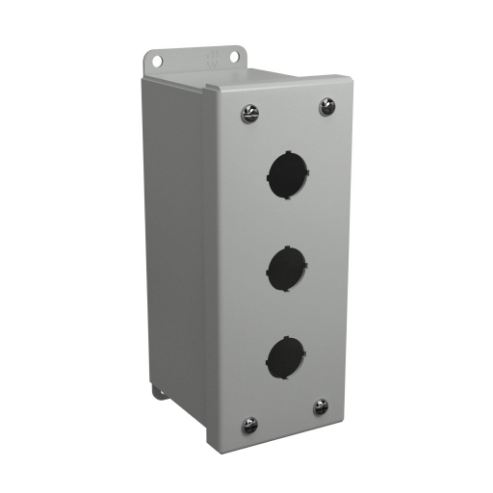 Pushbutton Enclosure, 3 Holes, 22mm, 7 x 3 x 4 Inch Size, Wall Mount, Carbon Steel