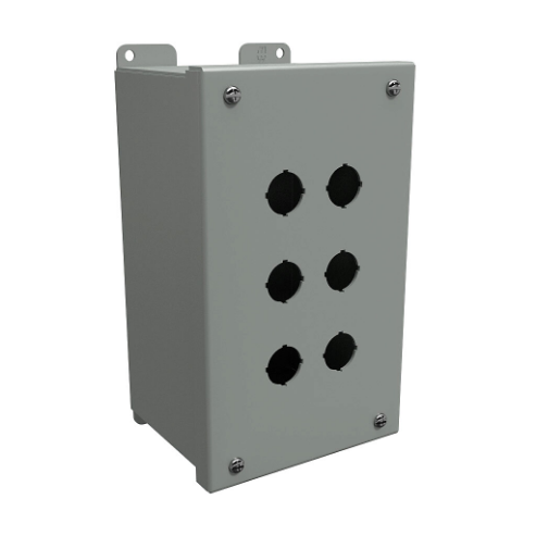 Pushbutton Enclosure, 6 Holes, 22mm, 9 x 5 x 4.5 Inch Size, Wall Mount, Carbon Steel