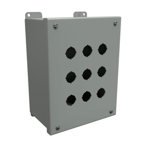 Pushbutton Enclosure, 9 Holes, 22mm, 9 x 7 x 4.5 Inch Size, Wall Mount, Carbon Steel