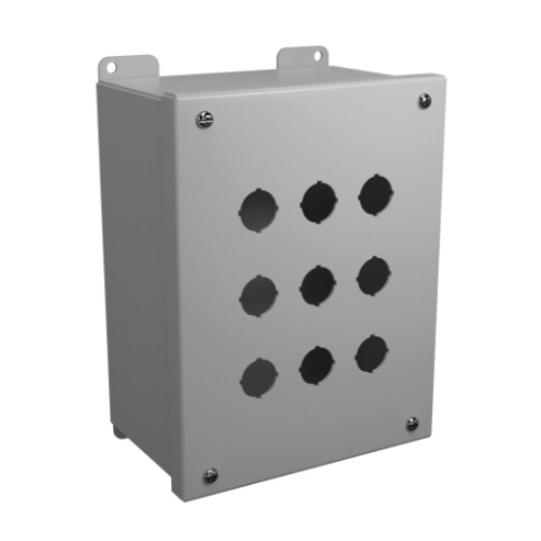 Pushbutton Enclosure, 9 Holes, 22mm, 9 x 7 x 4 Inch Size, Wall Mount, Carbon Steel