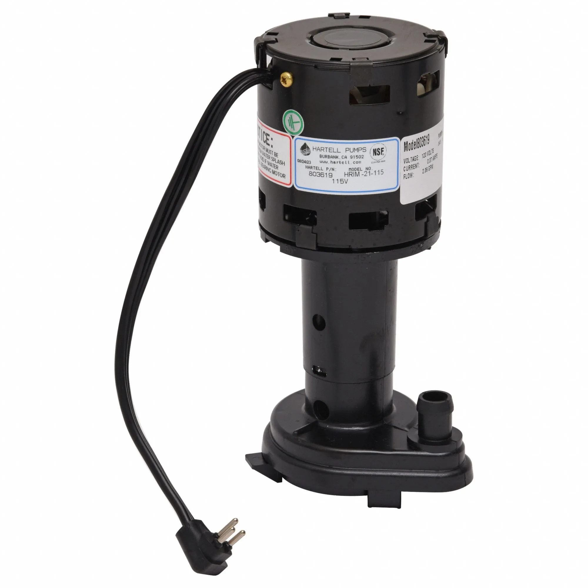 Ice Machine Pump, 1/3 HP, 115 VAC, 0.26 A, 3 ft Max Lift, 2.3 GPM