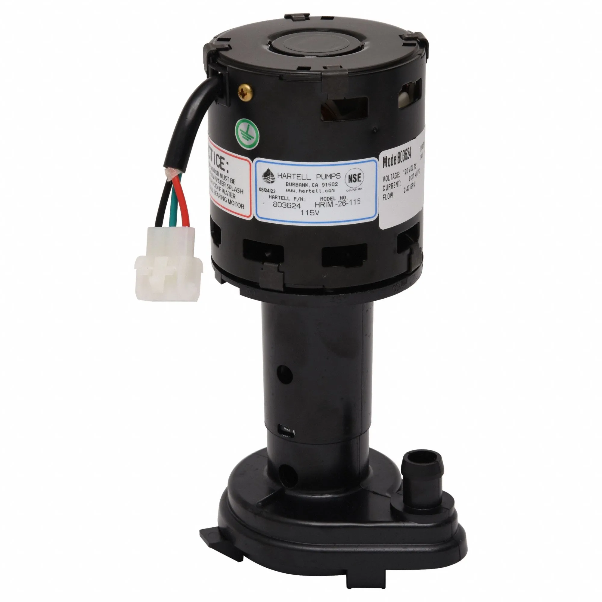 Ice Machine Pump, 1/4 HP, 115 VAC, 0.26 A, 3 ft Max Lift, 2.3 GPM