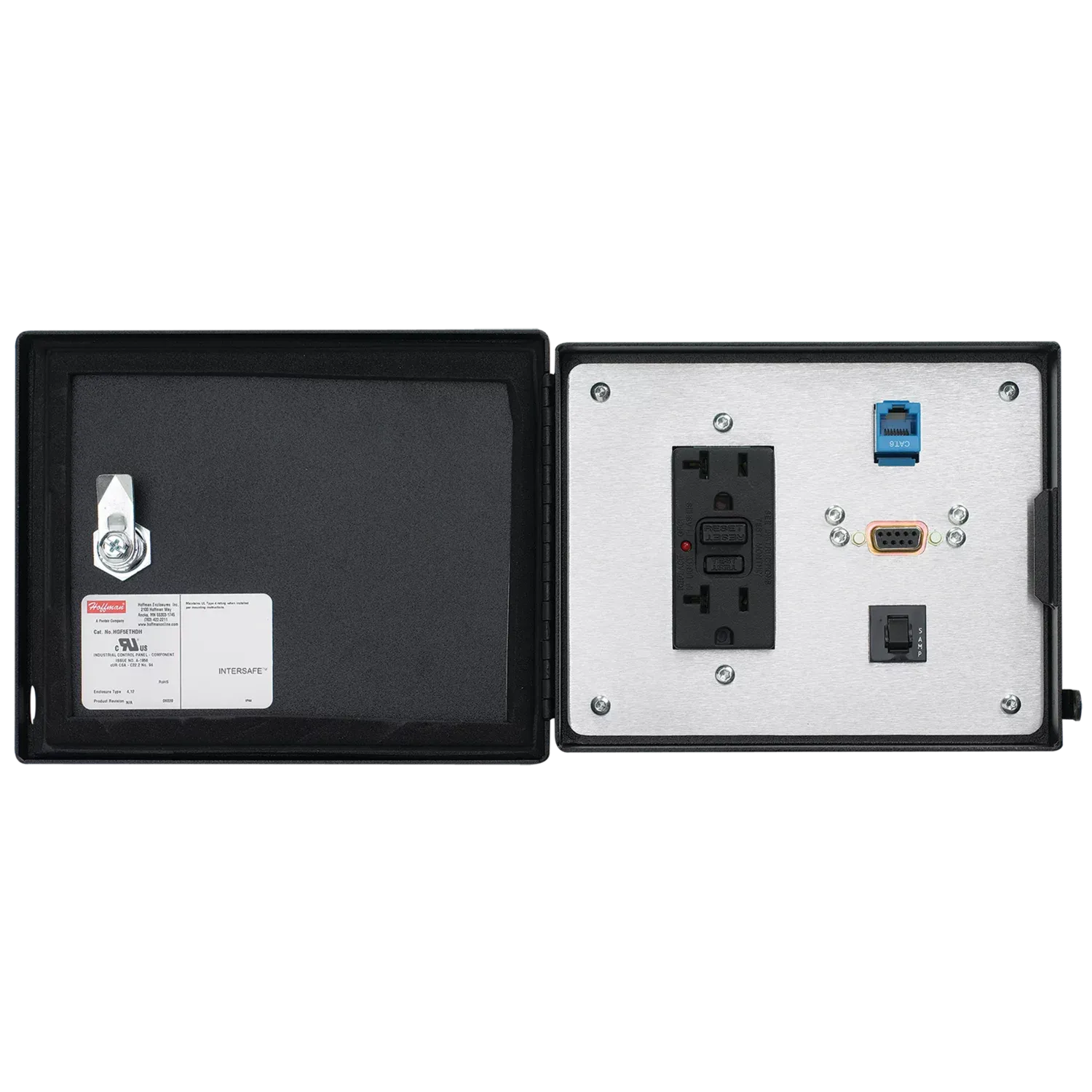 HOFFMAN HDP5ETHDHCC Data Interface Port, Polycarbonate Cover, 120V Duplex Receptacle/9-Pin D-Sub/Rj45 | CT4HCY 787R56