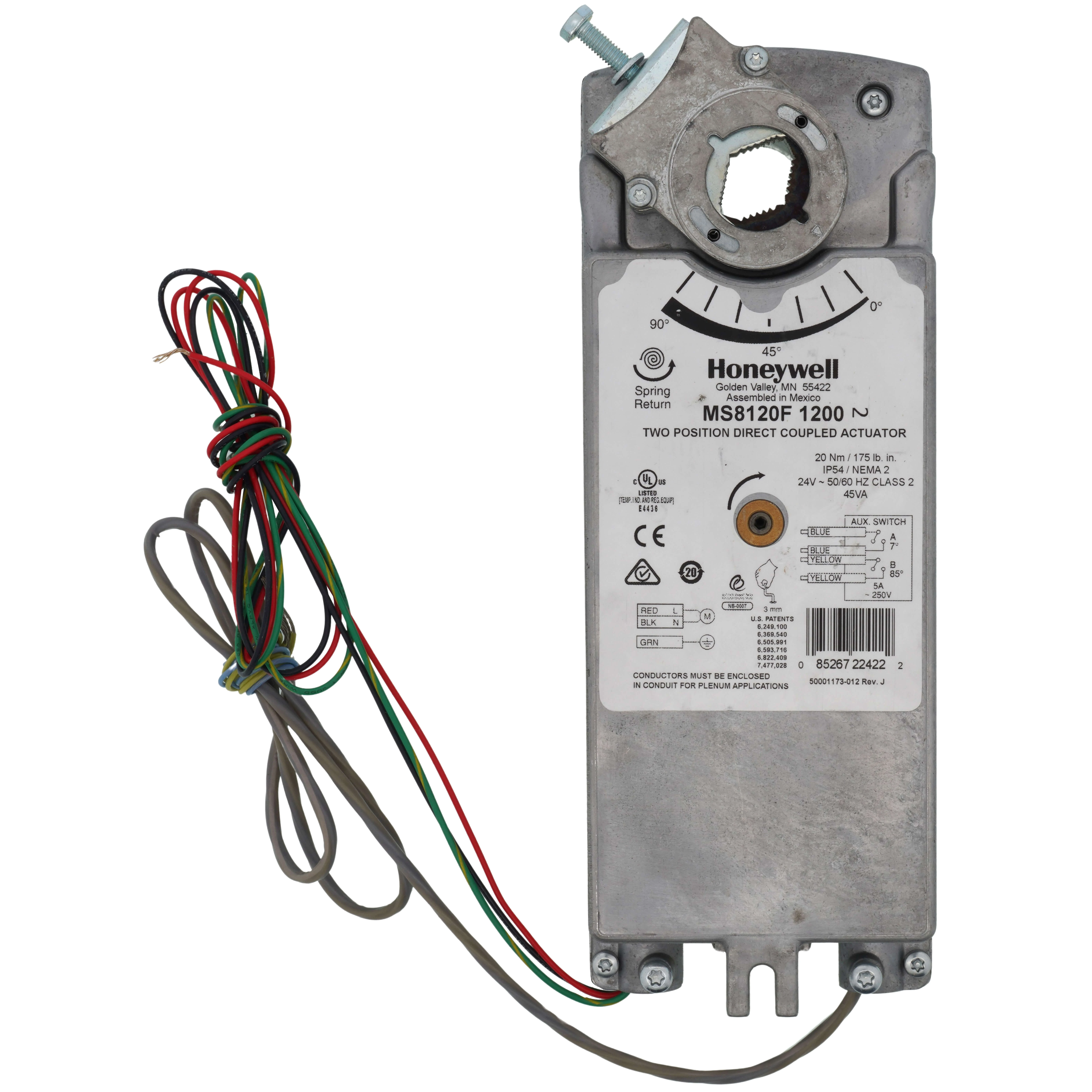 HONEYWELL MS8120F1200 Damper Actuator, Direct Mount, Spring Return, 2 SPDT | CD2GAW 278Y17