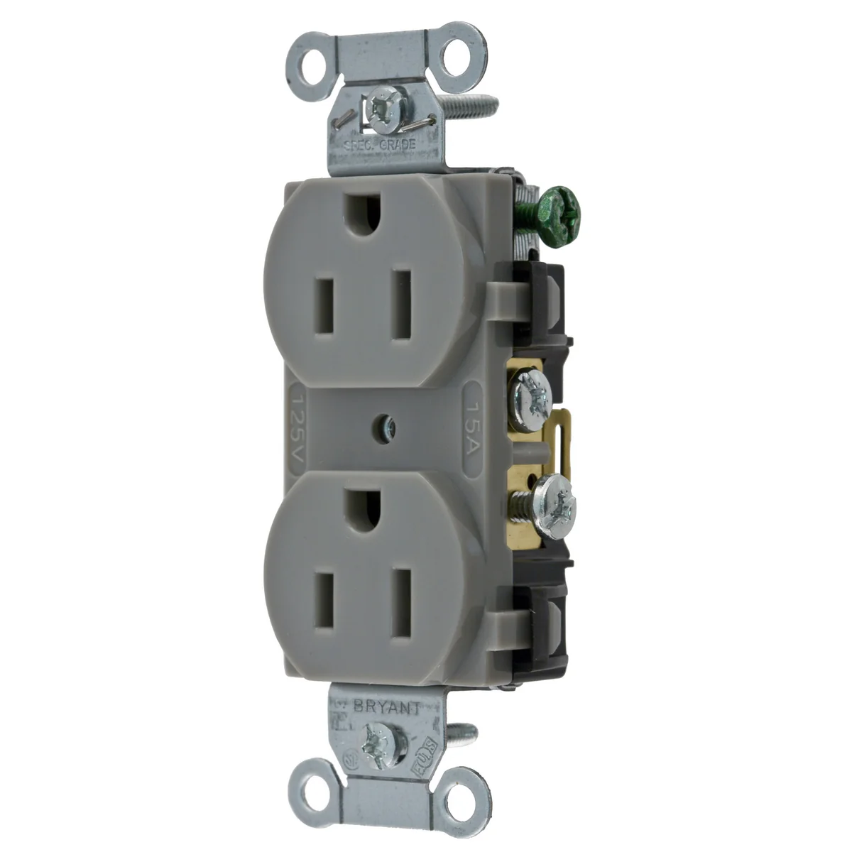 GRAINGER CBRS15GRY Receptacle, Duplex, 5-15R, 15 A, 125V AC, Gray, 2 Poles, Screw Terminals, Std Resist | CP8XYK 52HD59