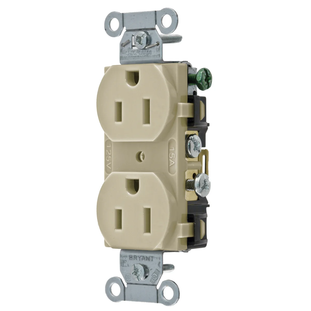 GRAINGER CBRS15I Receptacle, Duplex, 5-15R, 15 A, 125V AC, Ivory, 2 Poles, Screw Terminals, Std Resist | CP8XVM 49YZ15