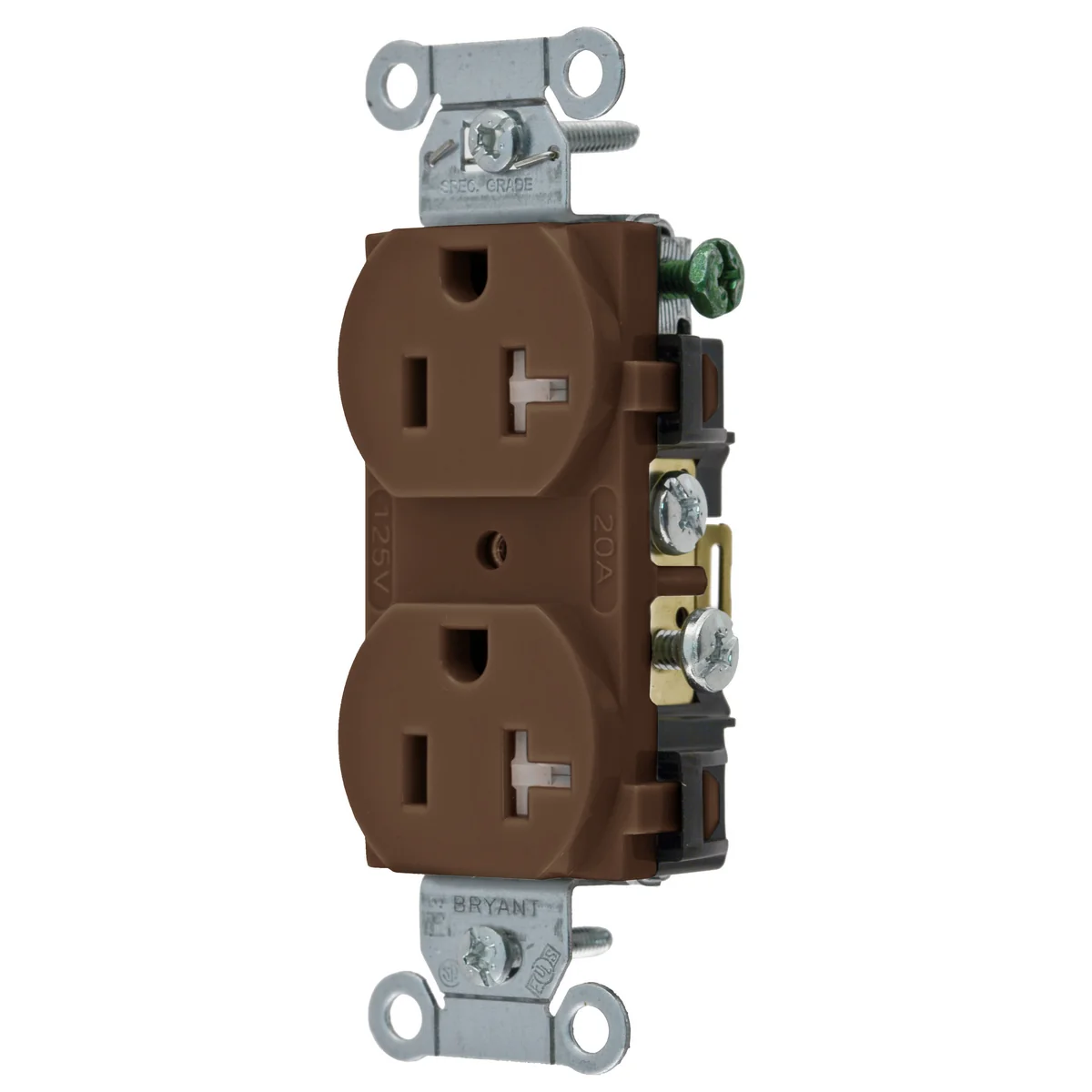 GRAINGER CBRS20WRTR Receptacle, Duplex, 5-20R, 20 A, 125V AC, Brown, 2 Poles, Screw Terminals | CP8XVZ 49YZ18