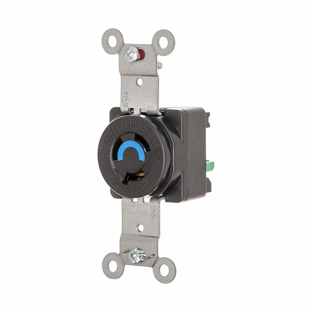 Locking Receptacle, L6-15R, 15 A, 250V AC, Black, 2 Pole, Shrouded