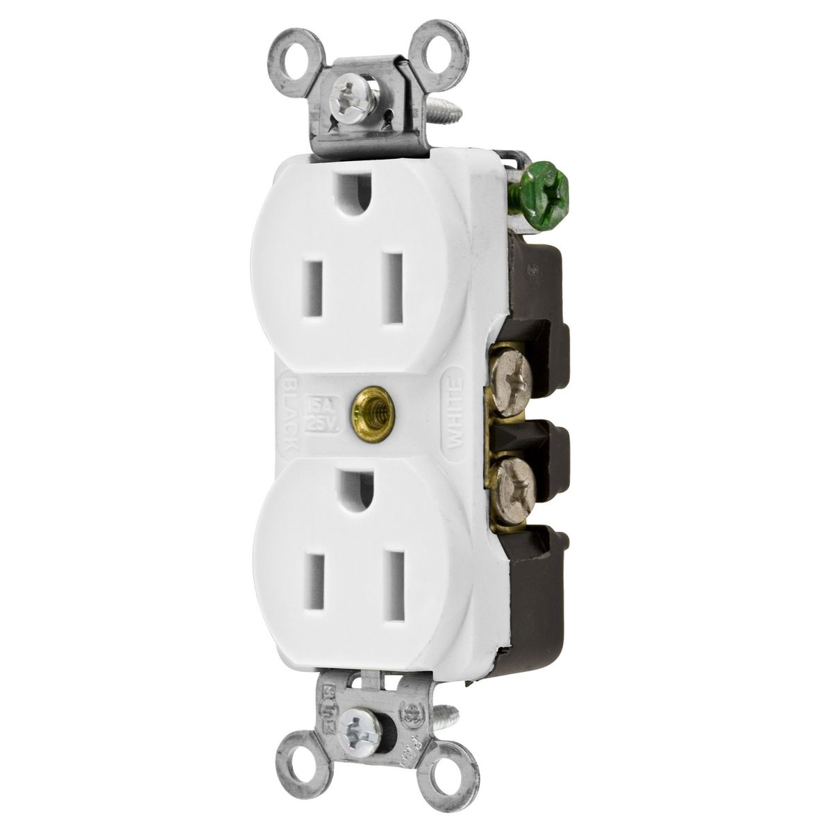 HUBBELL WIRING DEVICE-KELLEMS 5252W Straight Receptacle, Duplex, 15A 125V, White | CE6QPX