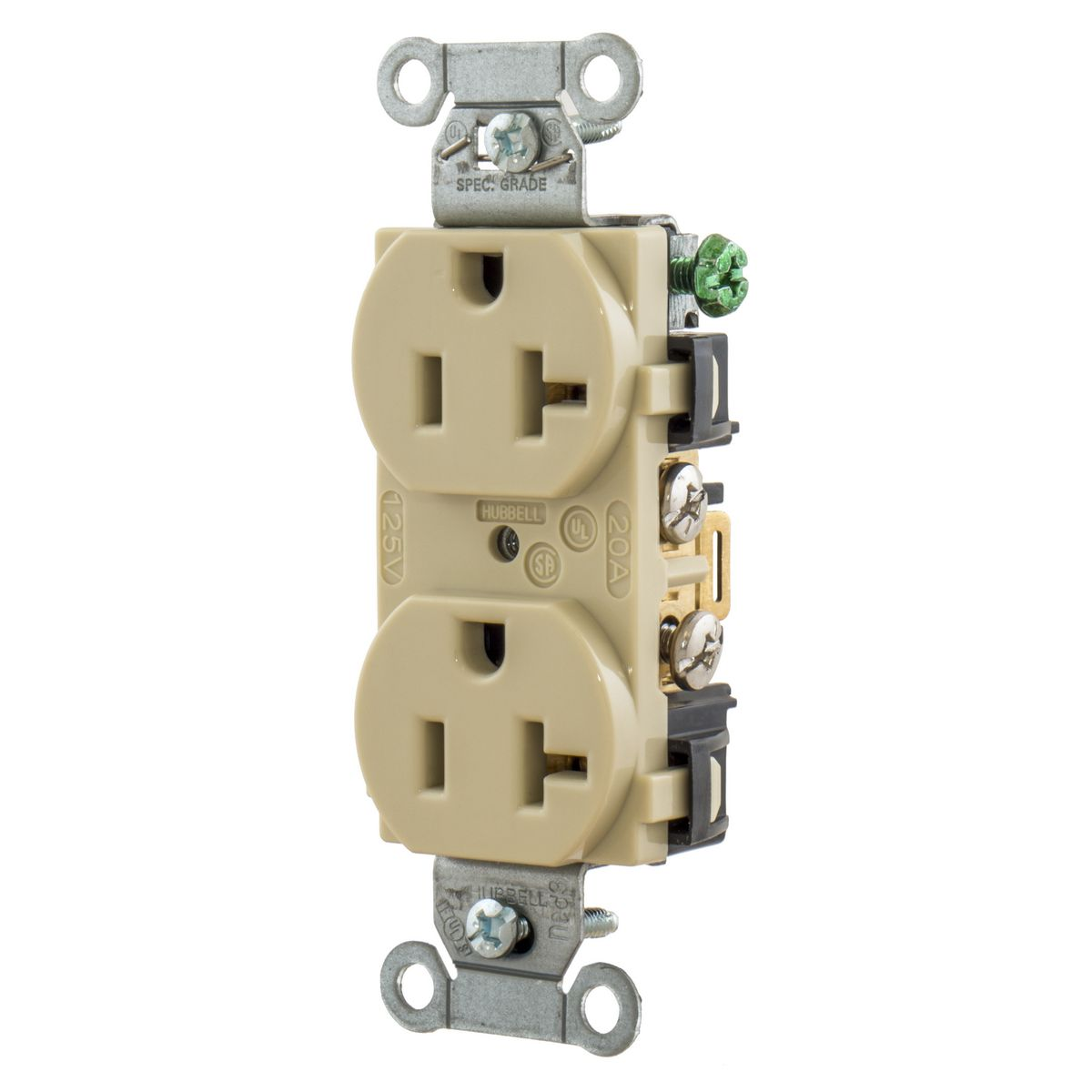 HUBBELL WIRING DEVICE-KELLEMS 5352AI Straight Receptacle, Duplex, 20A 125V, Ivory | BC9FLB