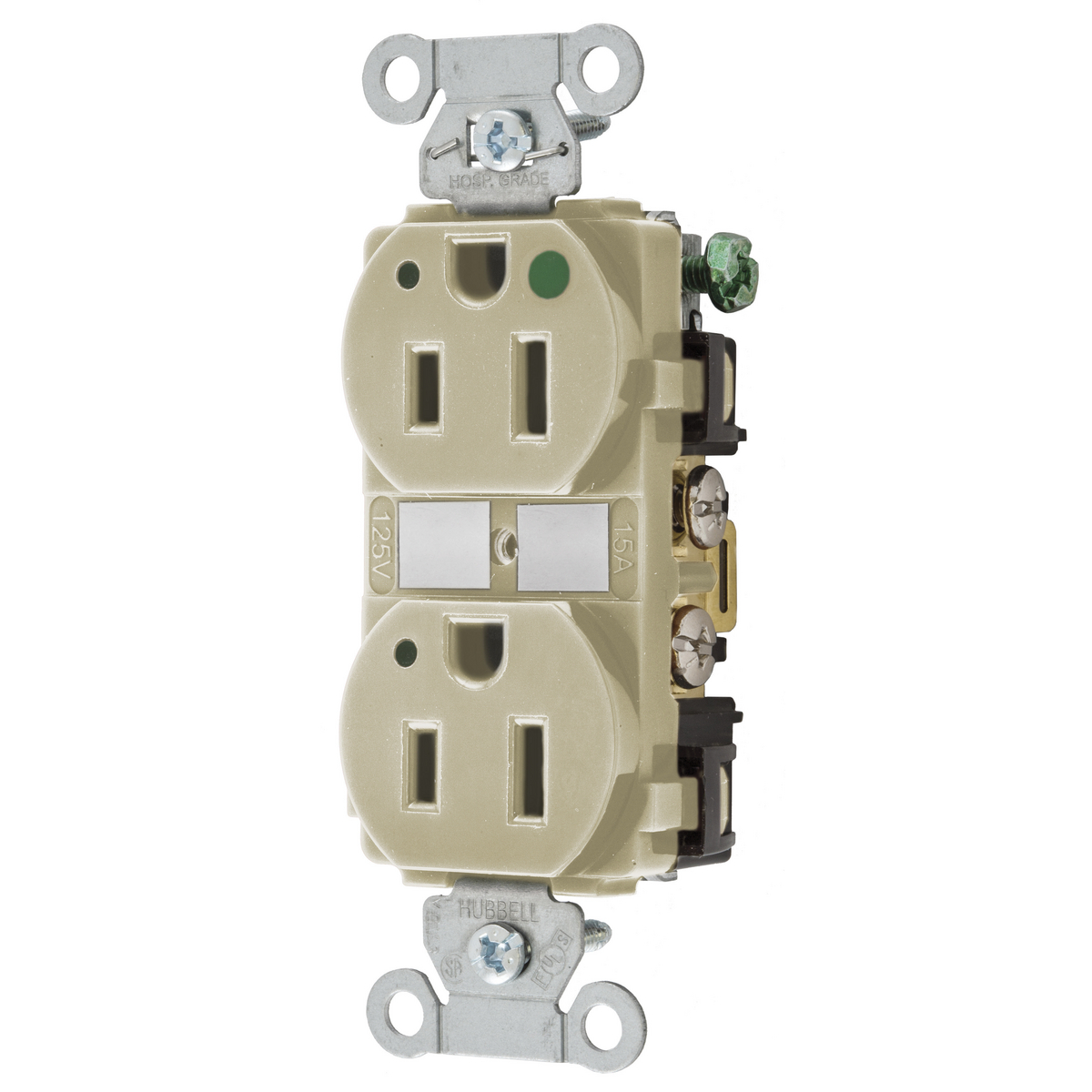 HUBBELL WIRING DEVICE-KELLEMS 8200IVL Duplex Receptacle, Led Indicator, 2-Pole, 3-Wire Grounding, 15A, 125V, Ivory | BD4HPA