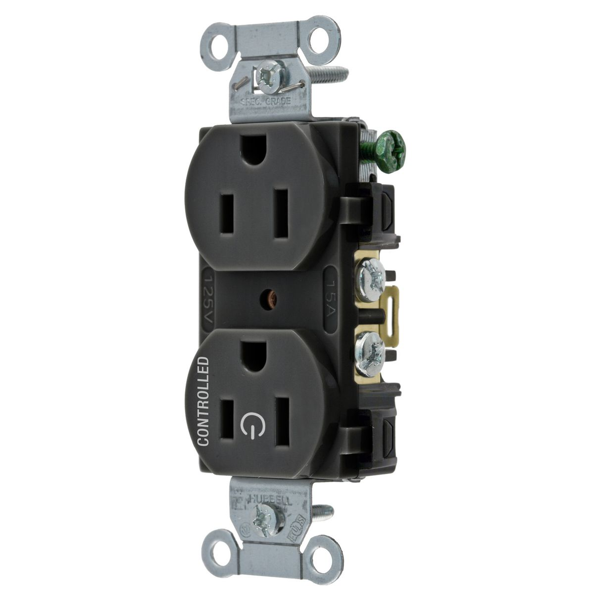 HUBBELL WIRING DEVICE-KELLEMS BR15C1BLK Straight Receptacle, 15A 125V, 2P - 3W Grounding, Black | BD3TEB