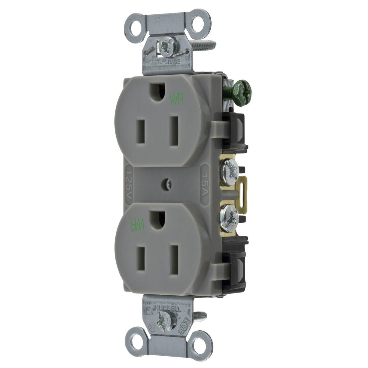 HUBBELL WIRING DEVICE-KELLEMS BR15GRYWR Straight Receptacle, Duplex, 15A 125V, Gray, 1 Pk | AC2AKG 2HEA4