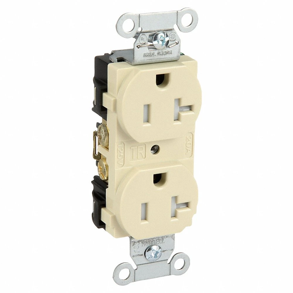 HUBBELL WIRING DEVICE-KELLEMS BR20ITR Straight Receptacle, Duplex, 20A 125V, Ivory, 1 Pk | AC2AKC 2HDZ9