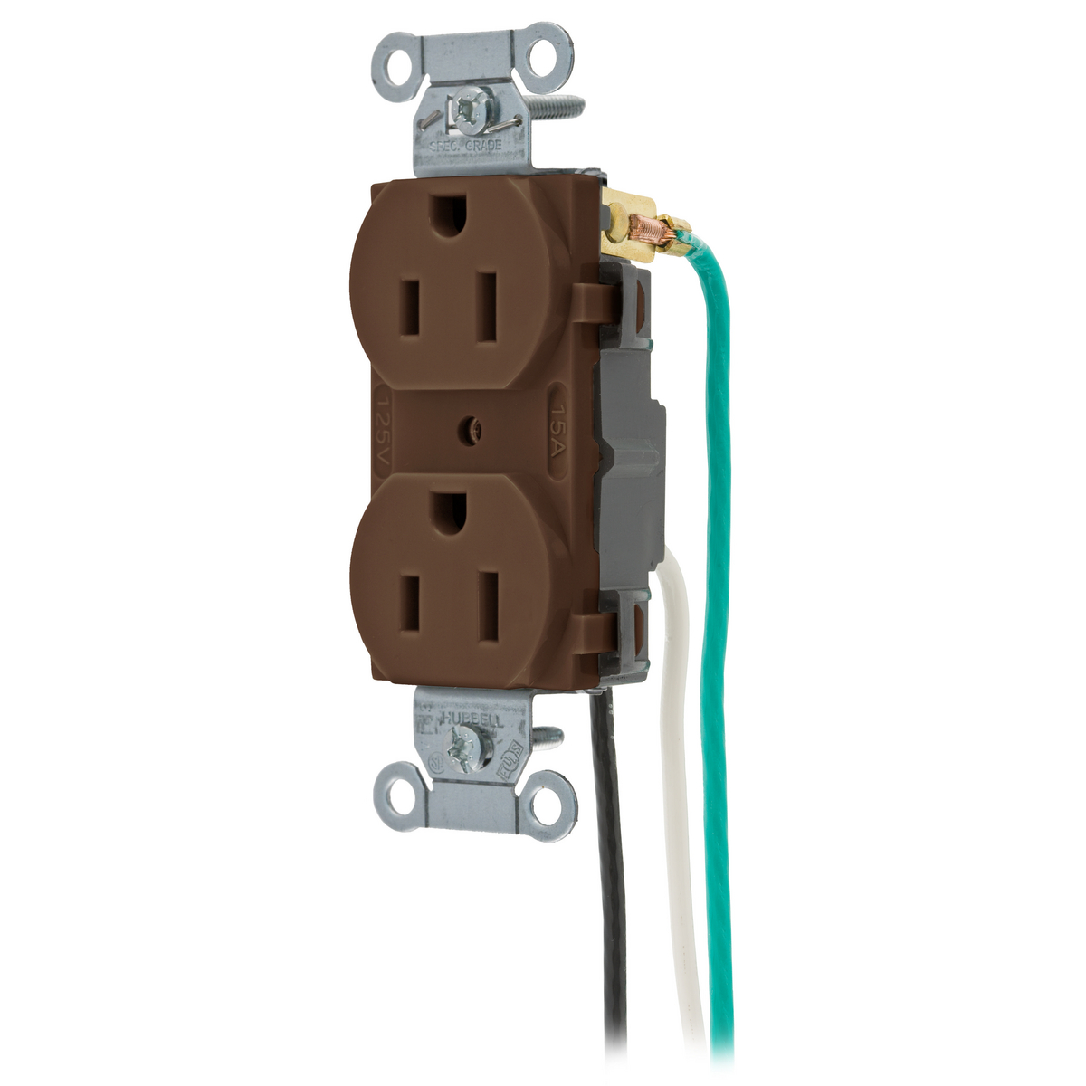 HUBBELL WIRING DEVICE-KELLEMS CR15P2 Straight Receptacle, Duplex, 15A 125V, Brown, 1 Pk, 8 Inch Stranded Lead | CE6QUE
