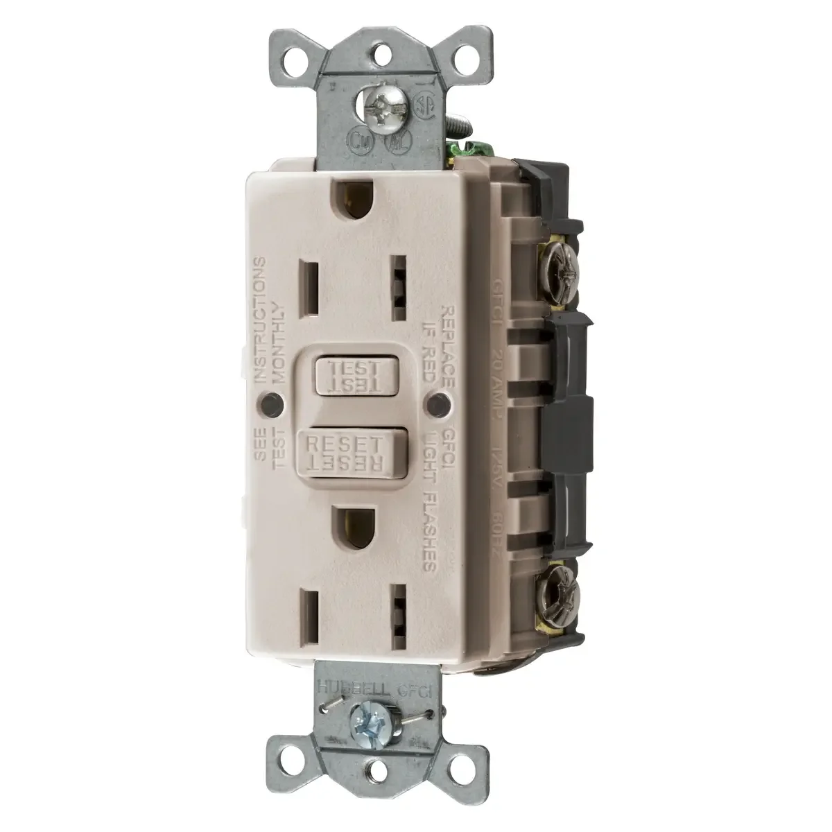 HUBBELL WIRING DEVICE-KELLEMS GFRST15LAU Gfci Receptacle, 15A 125V, 2-P 3-W Grounding, 5-15R, Light Almond | BD4FFZ