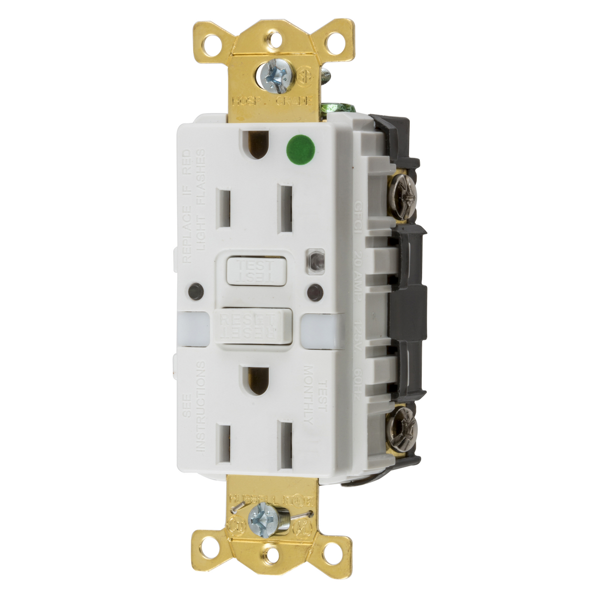 HUBBELL WIRING DEVICE-KELLEMS GFRST82WNL Gfci Receptacle, 15A 125V, 2-P 3-W Grounding, 5-15R, White, Night Light | BD4CRX