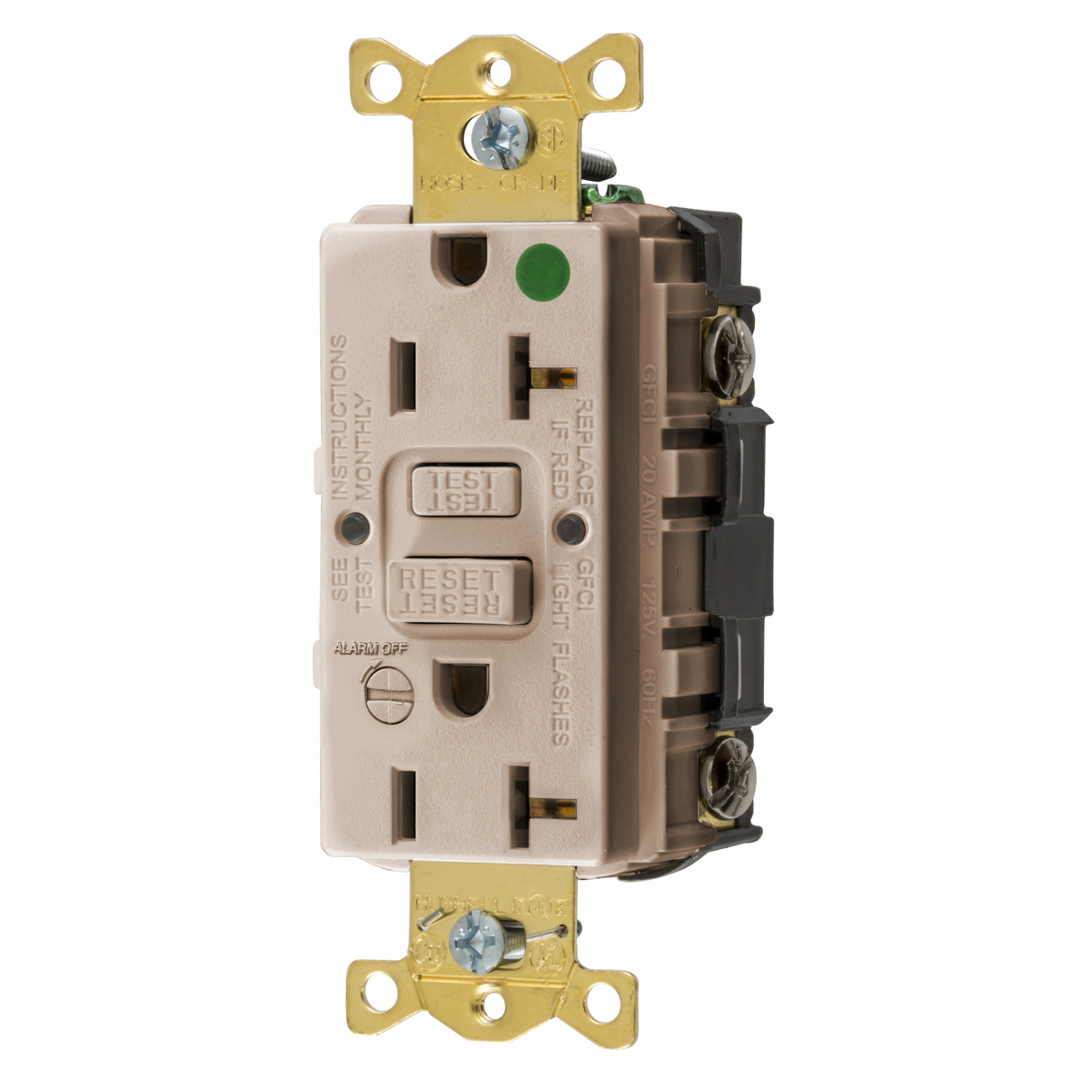HUBBELL WIRING DEVICE-KELLEMS GFRST83ALB Gfci Receptacle, 20A 125V, 5-20R, With Alarm, Almond | BD3RKU