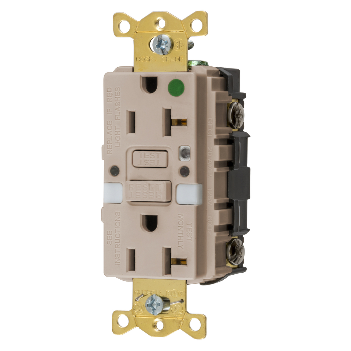 HUBBELL WIRING DEVICE-KELLEMS GFRST83LANL Gfci Receptacle, 20A 125V, 2-P 3-W Grounding, 5-20R, Light Almond, Night Light | BD4CRY