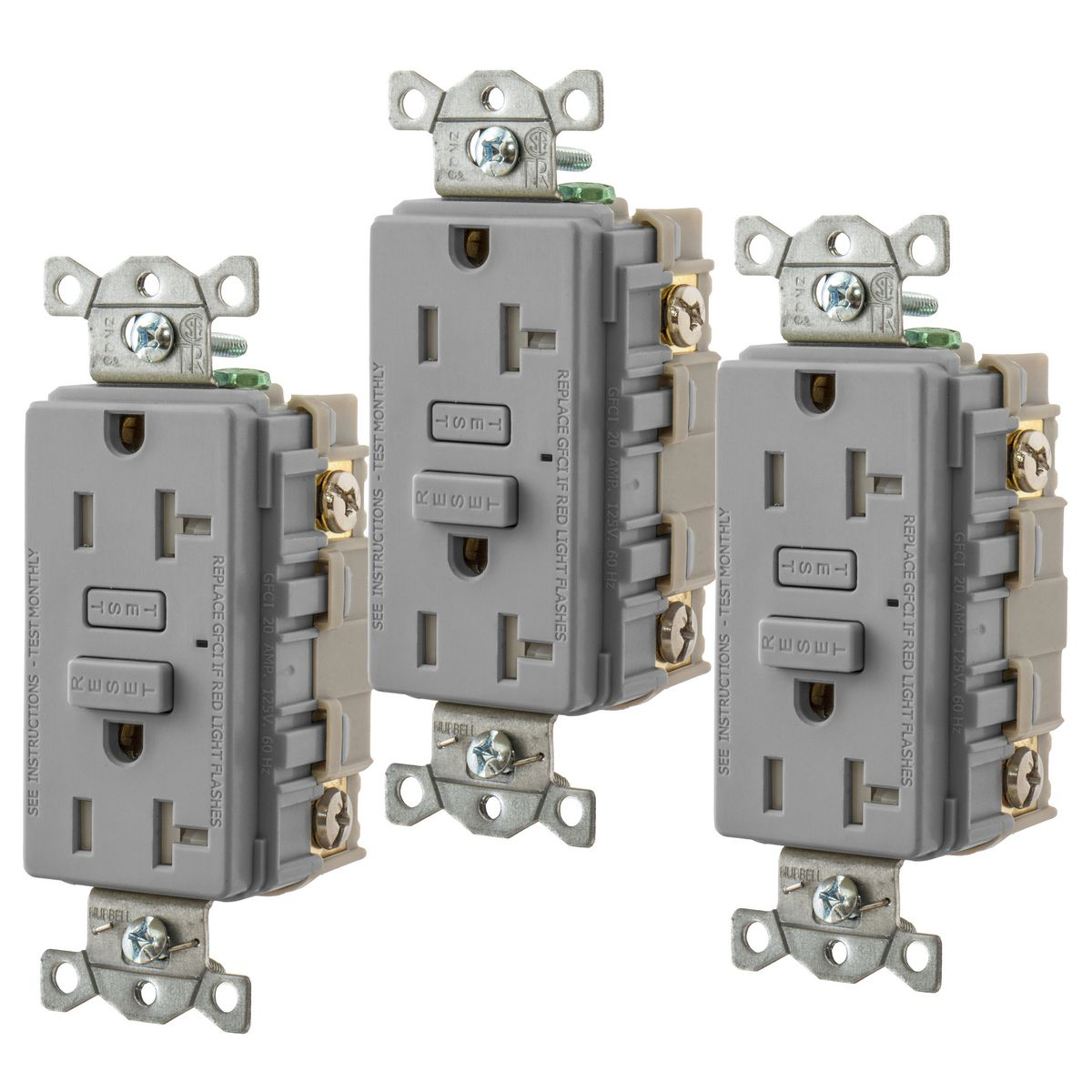 HUBBELL WIRING DEVICE-KELLEMS GFTW20GY3 Gfci Receptacle, 20A, Weather-Resistant, Tamper-Resistant, 3 Pk, Gray | BD4JYA