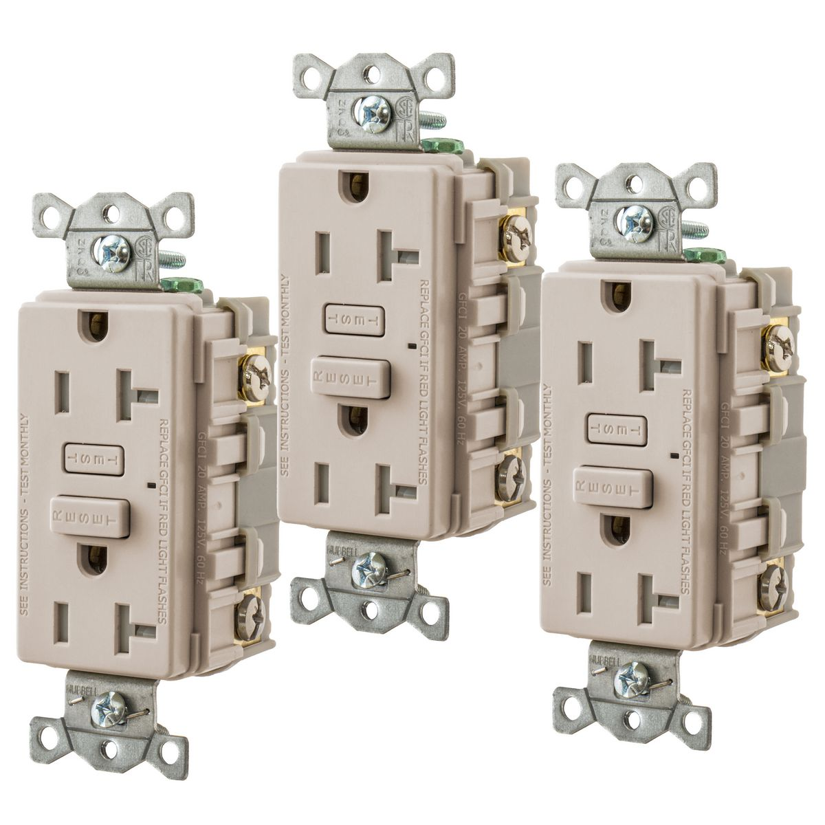 HUBBELL WIRING DEVICE-KELLEMS GFTW20LA3 Gfci Receptacle, 20A, Weather-Resistant, Tamper-Resistant, 3 Pk, Light Almond | BD3YPR